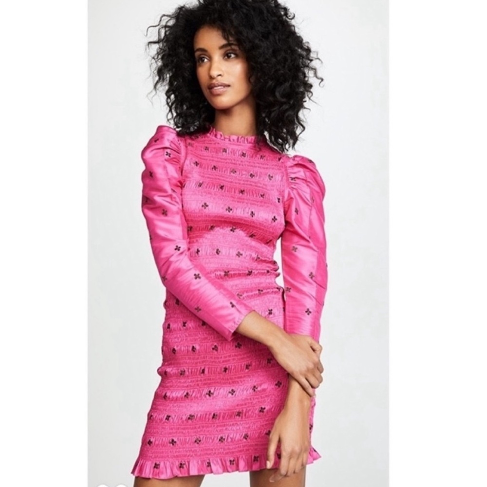 Ulla Johnson Aurele Hot Pink Mini Dress Smocked Embroidered Puff Sleeve Size 4